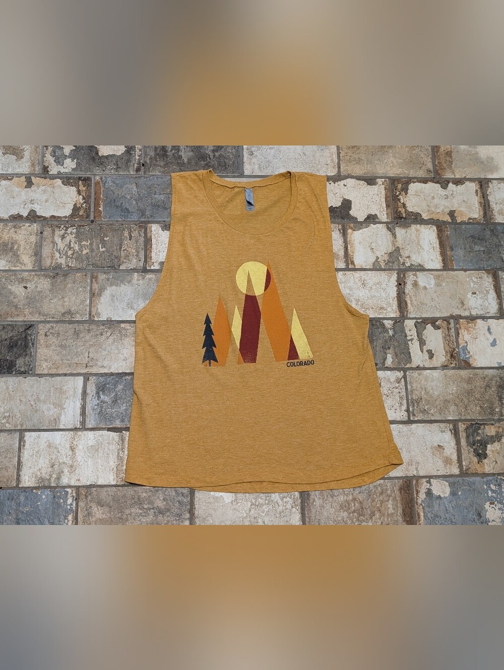 Next Level Heather Gold Colorado Geometric Mountain Graphic Muscle Tank Top - XL